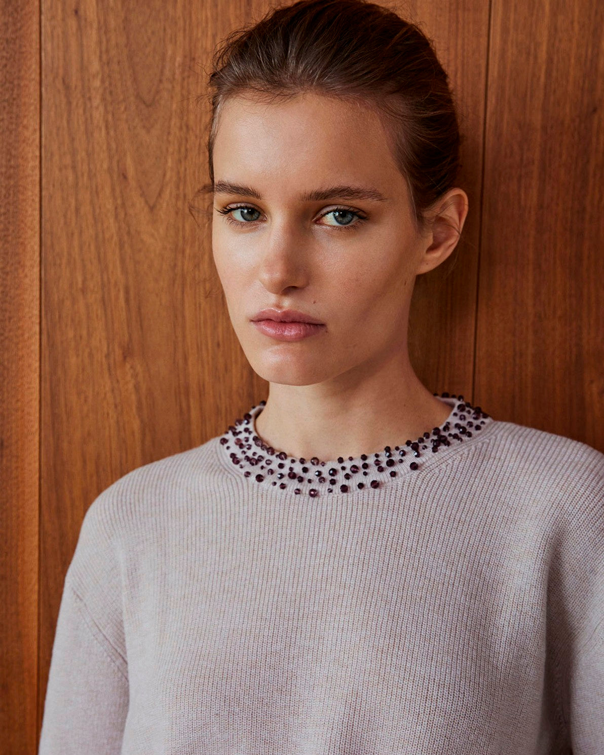 Ecru cotton and wool sweater rhinestones