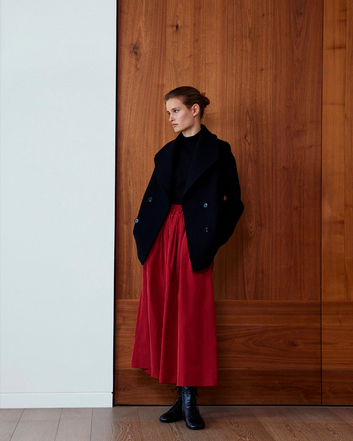 Dark-red sateen midi skirt