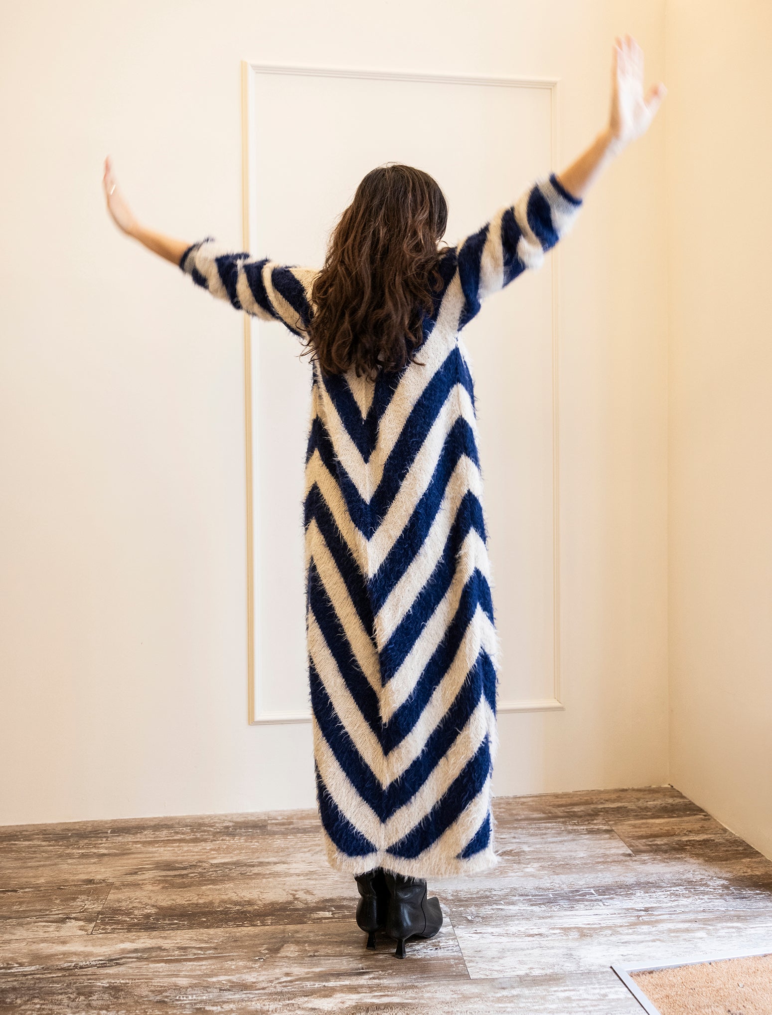 Night Blue Hand-Knitted Chevron Maxi Coat