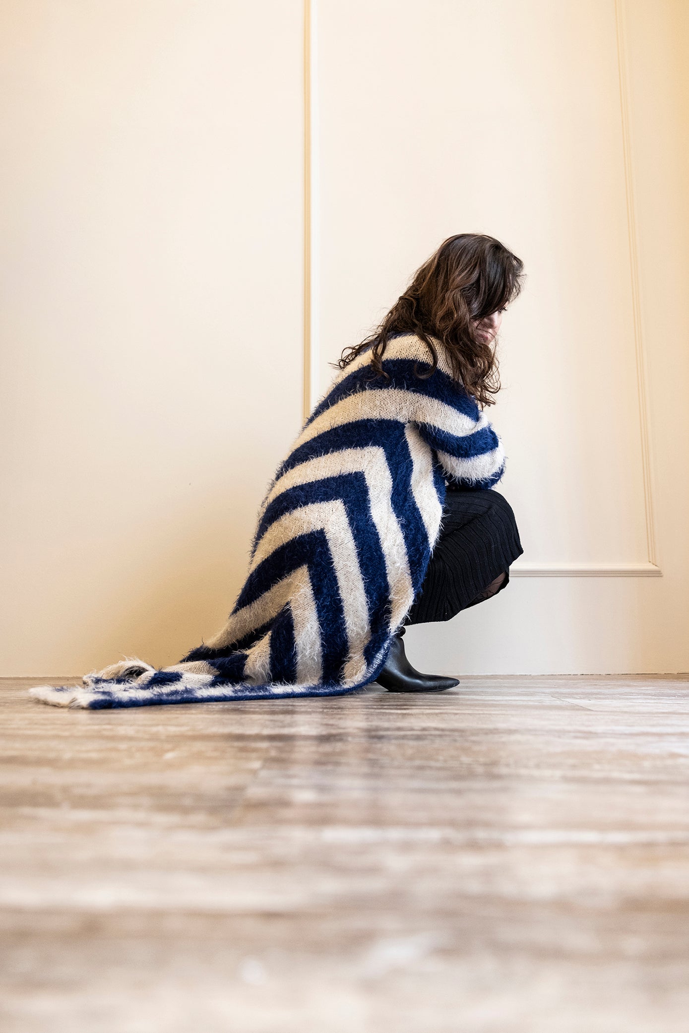 Night Blue Hand-Knitted Chevron Maxi Coat