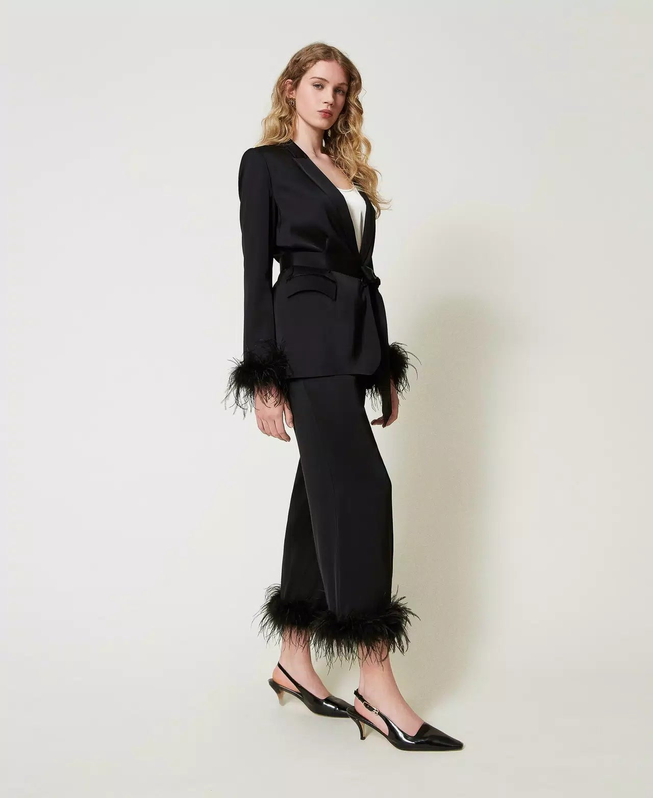 Satin trousers with feathers