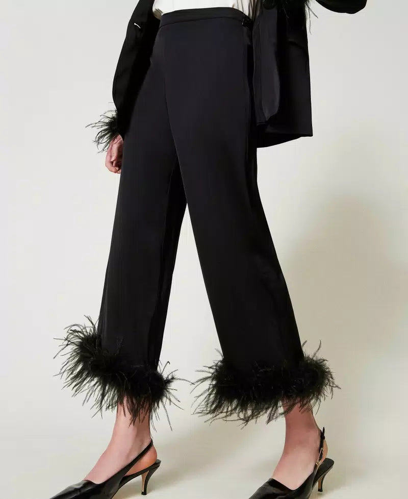 Satin trousers with feathers