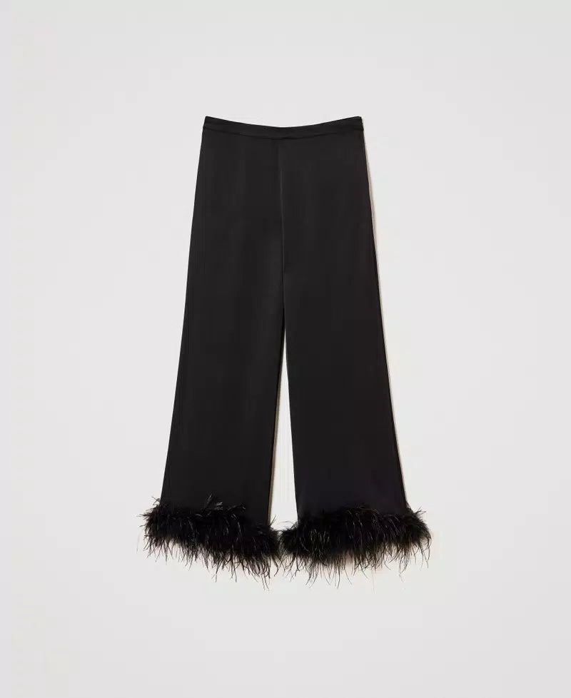 Satin trousers with feathers