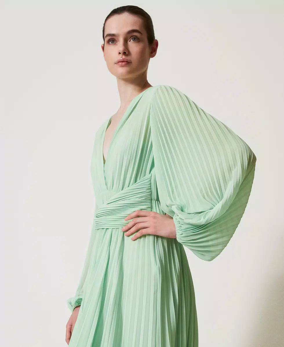 pleated georgette dress Long pleated georgette dress with print and lace