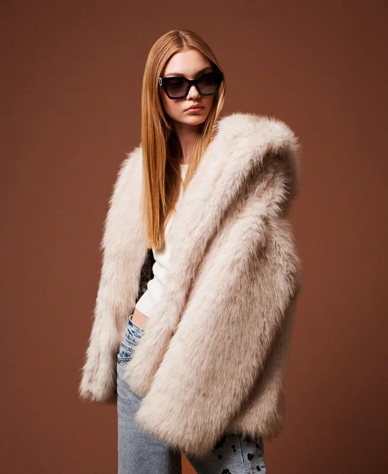 Faux fur pea coat with hood