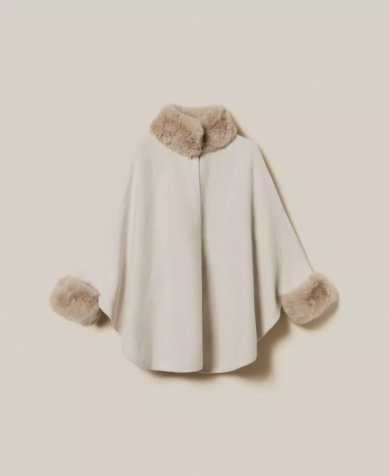 Wool cloth and faux fur poncho