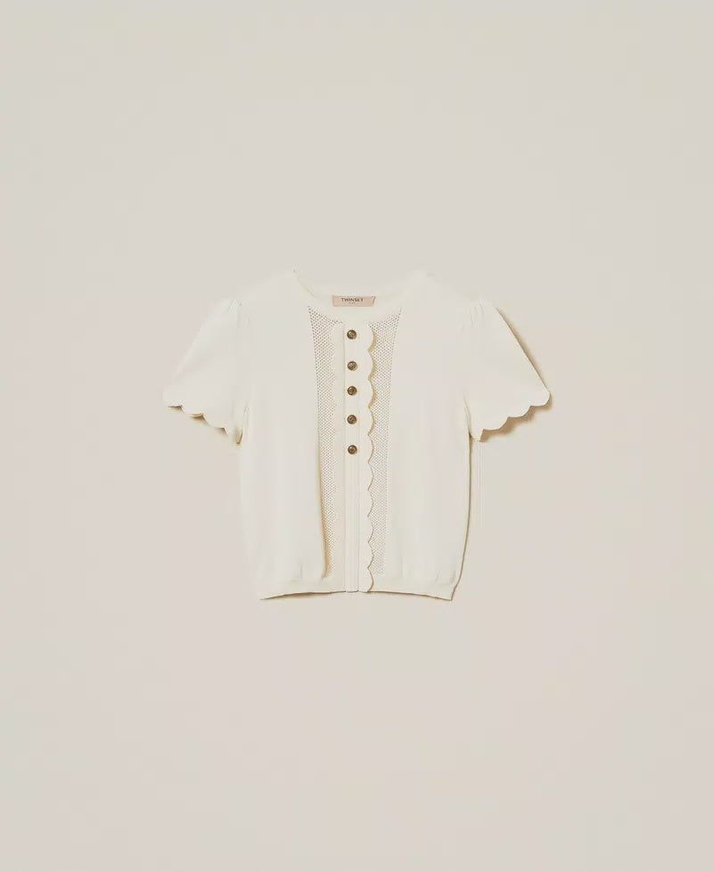 Scalloped sweater with Oval T buttons