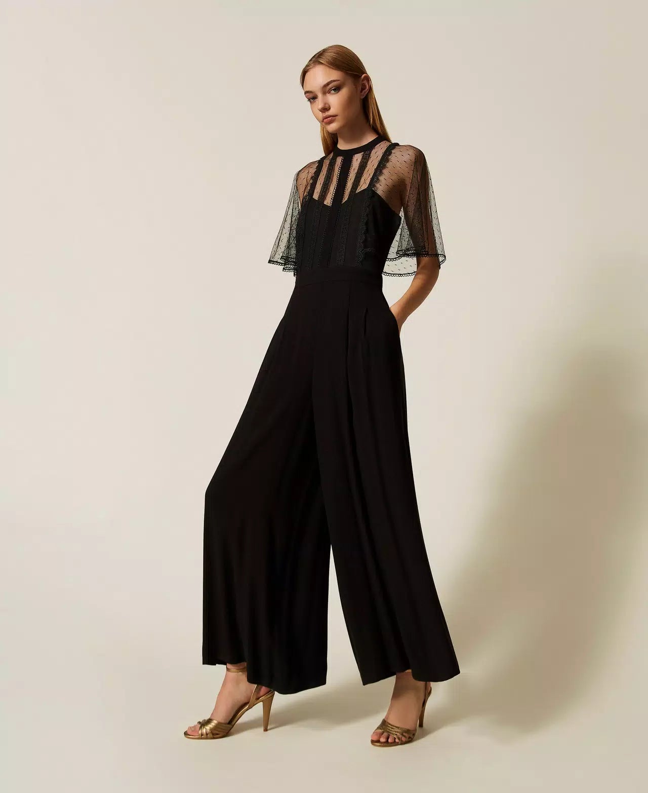 Crêpe and plumetis tulle jumpsuit