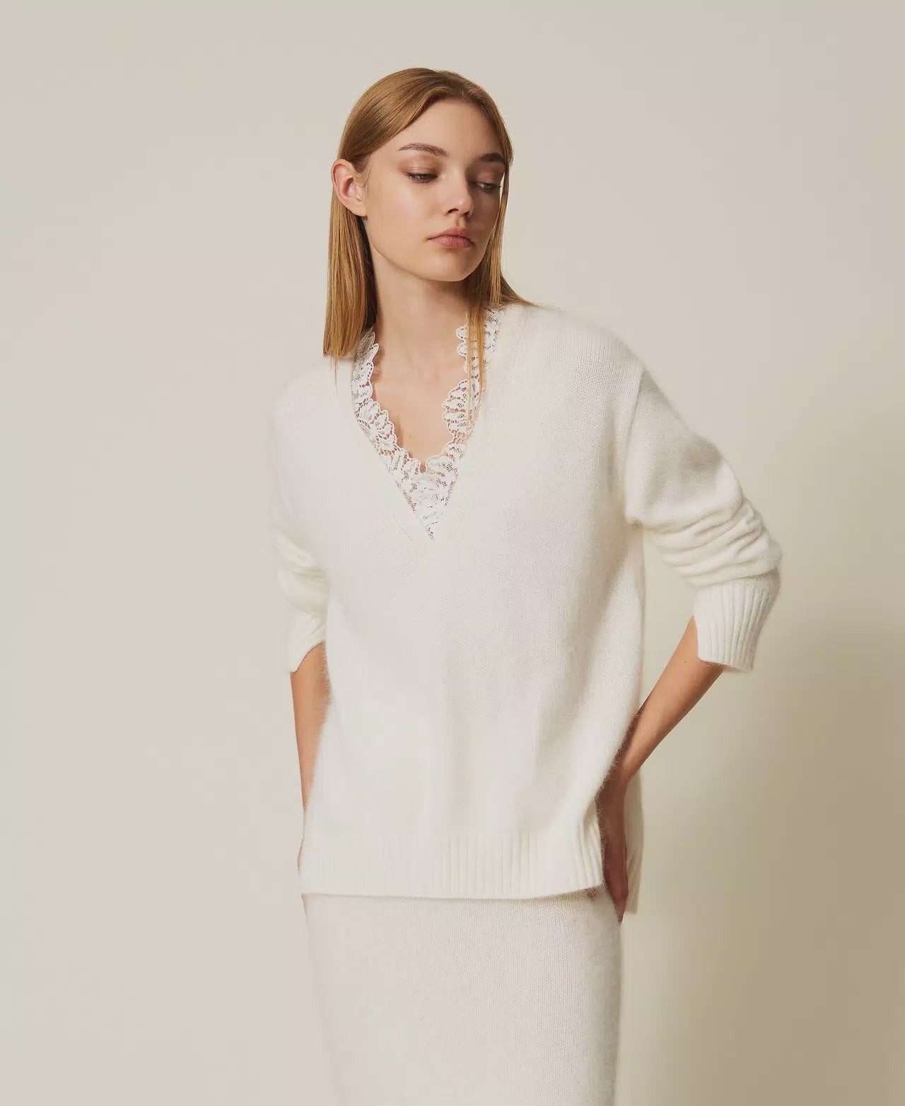 Angora blend jumper with lace
