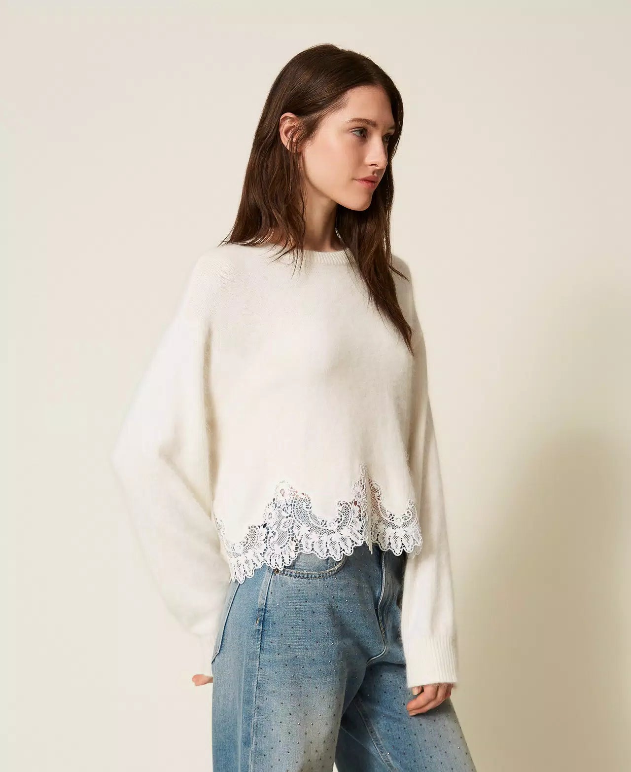 Angora jumper with embroidery and lace