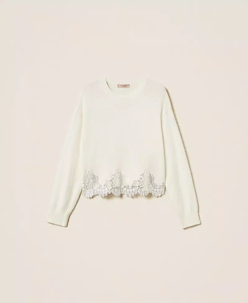 Angora jumper with embroidery and lace