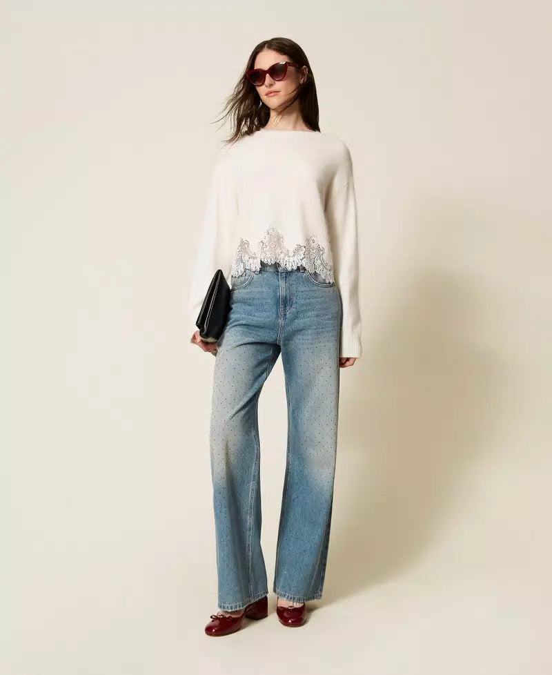 Angora jumper with embroidery and lace