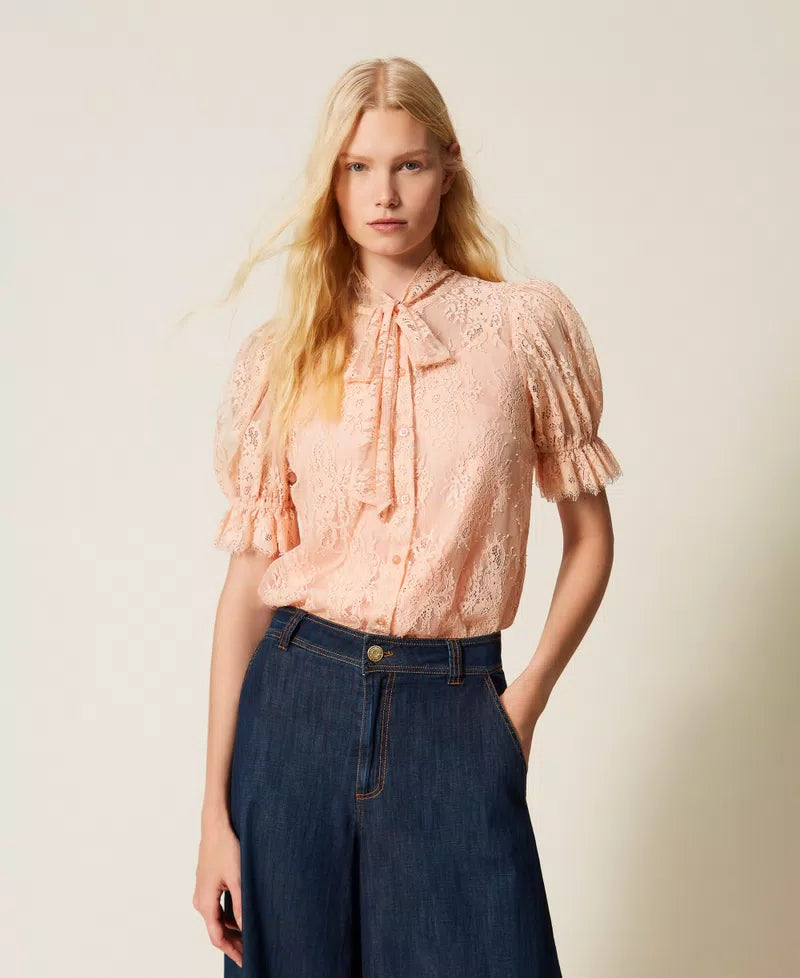 Peach lace shirt with bow