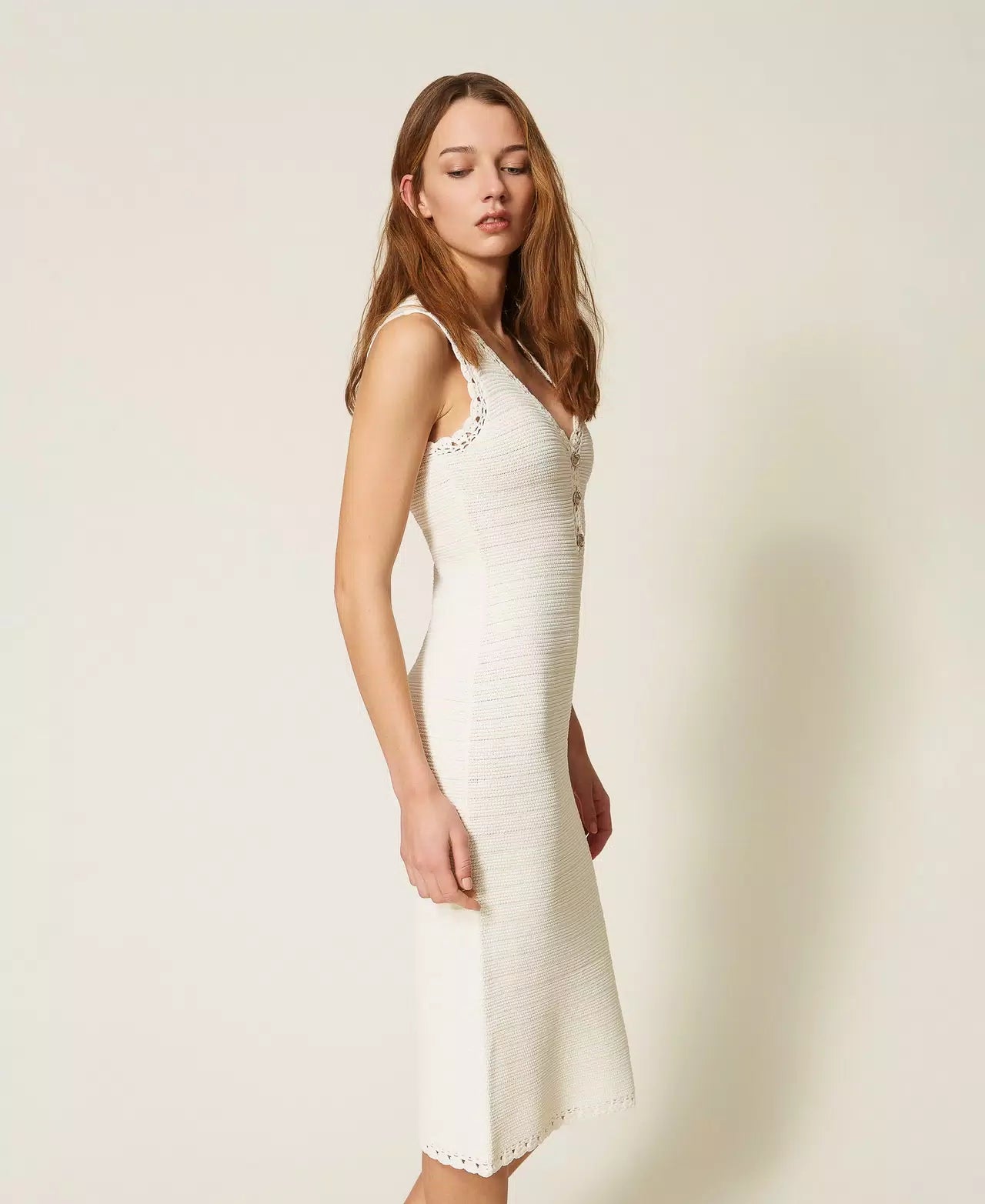 Long knit dress with crochet detail