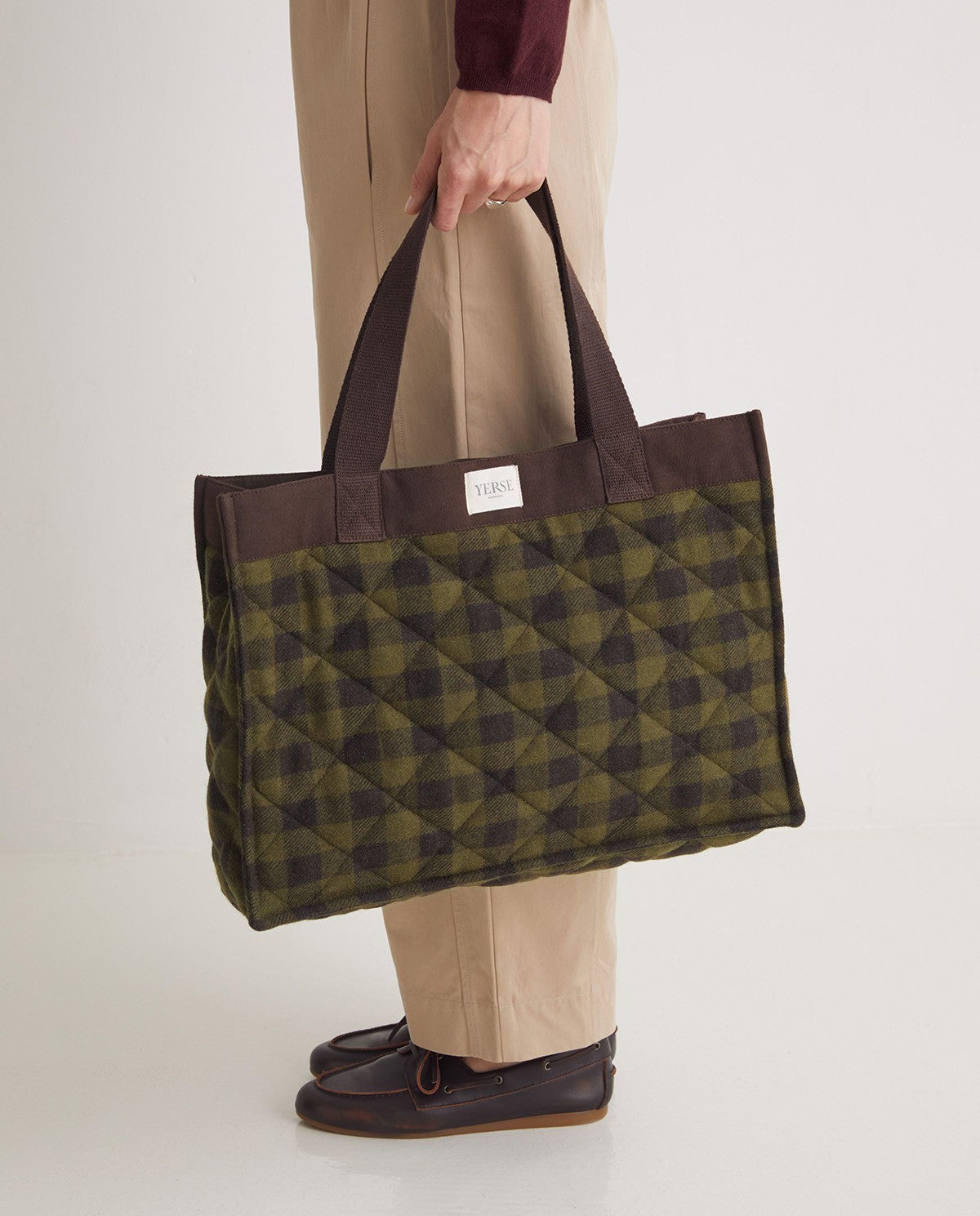 Khaki checked wool and cotton tote bag