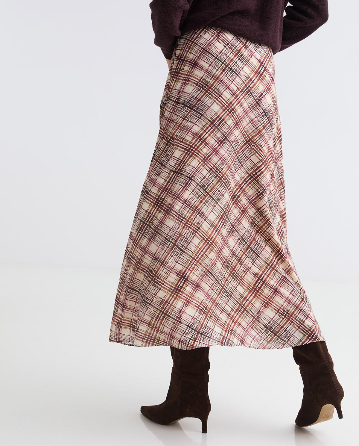 Ecru plaid viscose midi skirt
