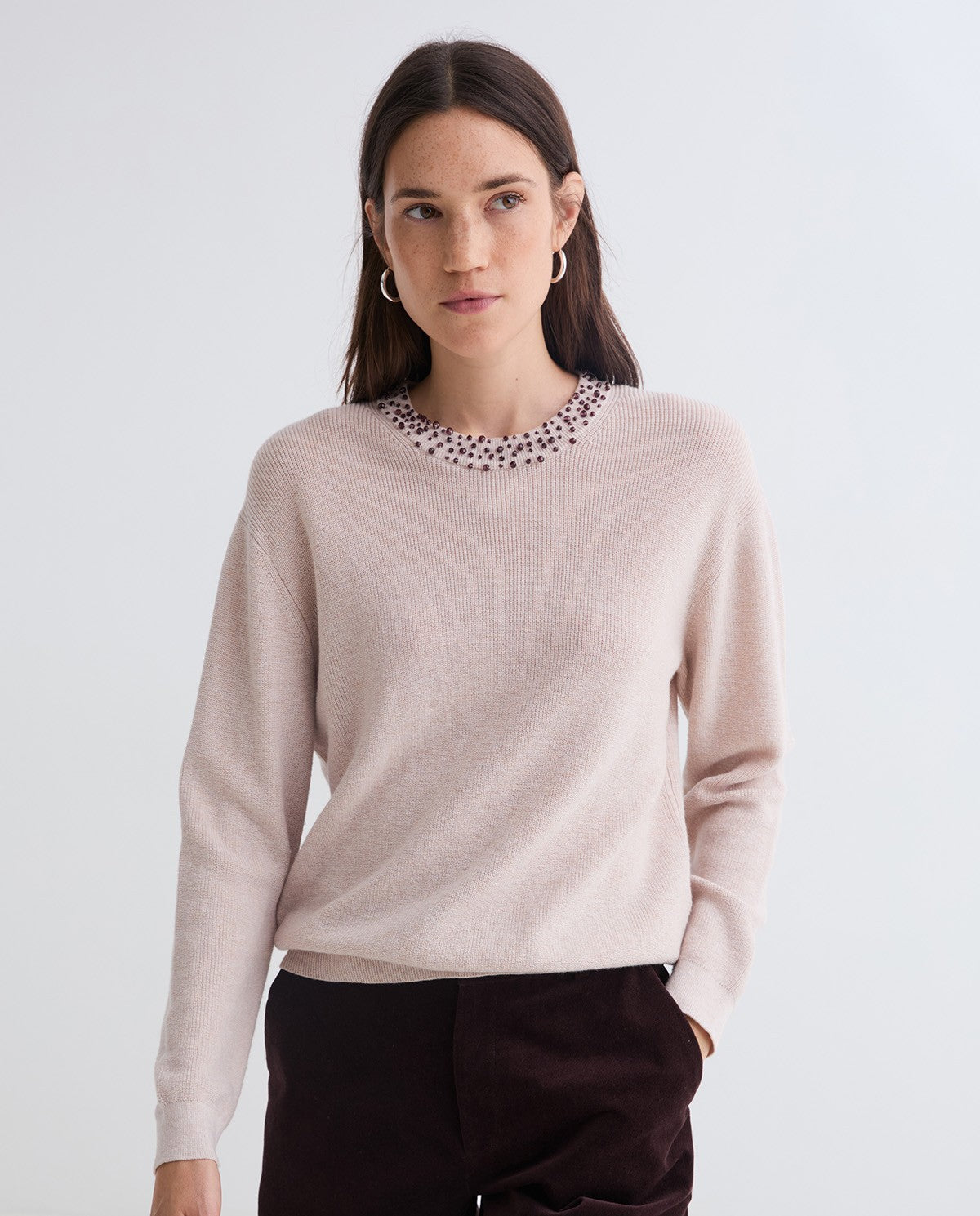 Ecru cotton and wool sweater rhinestones