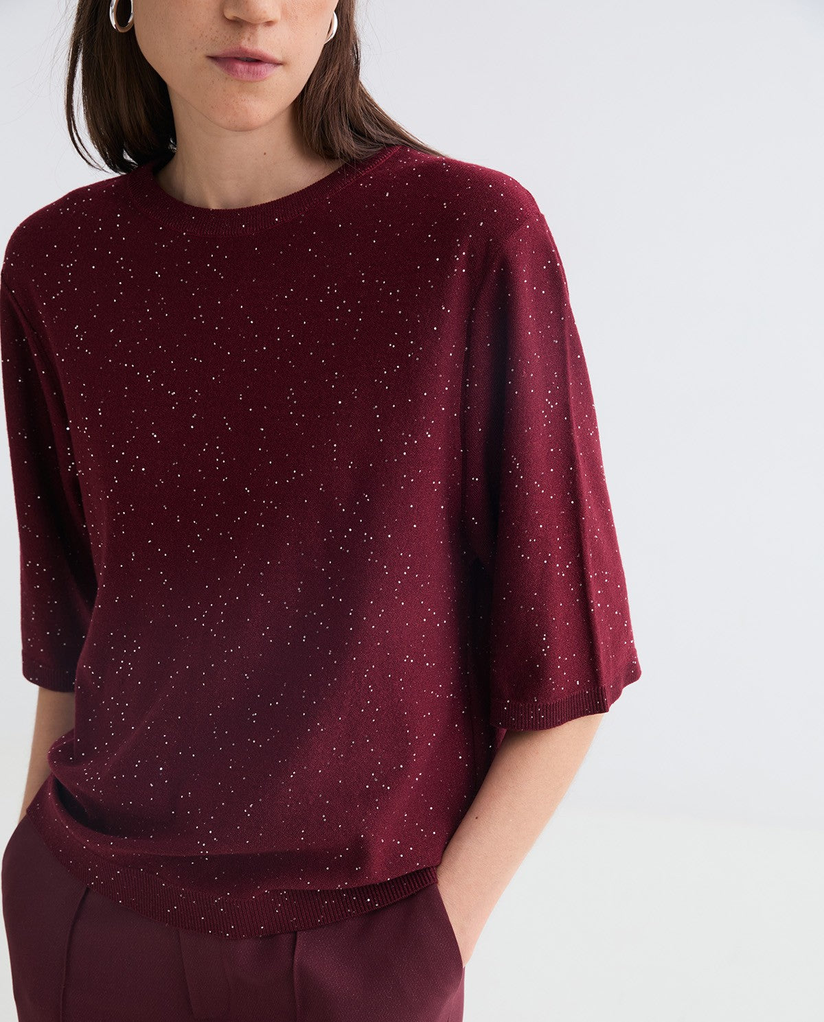 Maroon French-sleeve sweater sequins