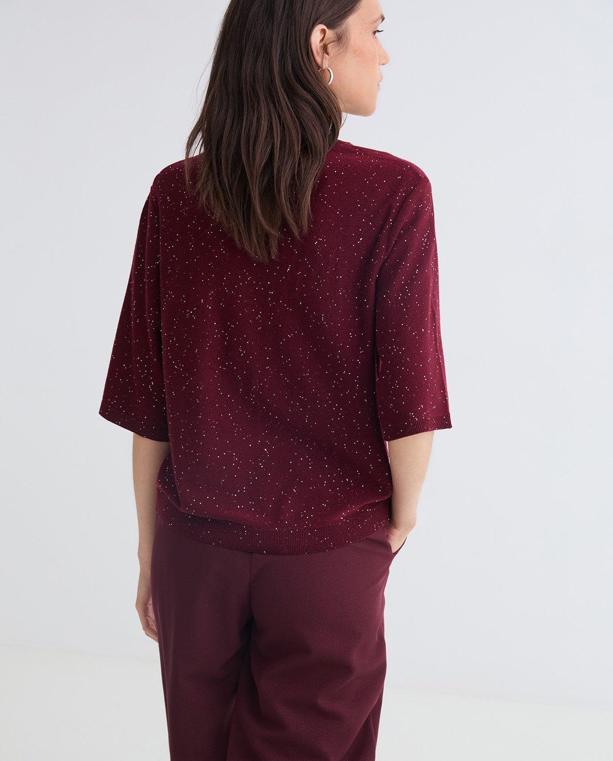 Maroon French-sleeve sweater sequins