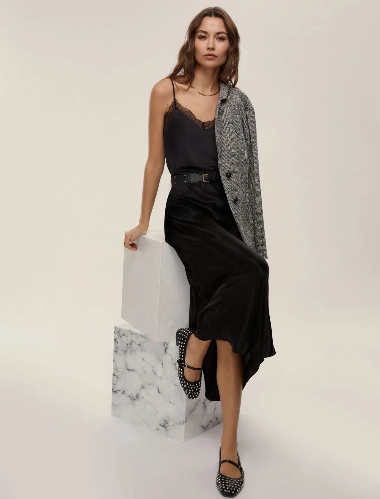 Crinkle black satin skirt