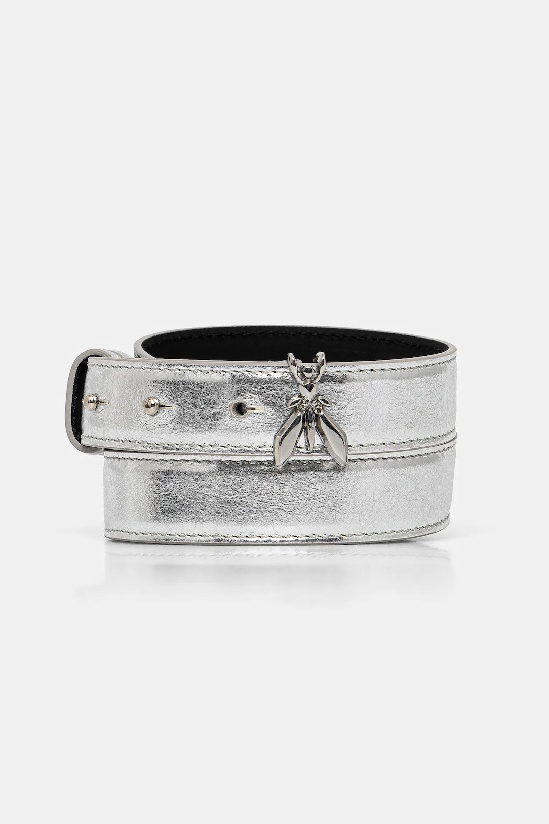 Silver leather belt with small fly