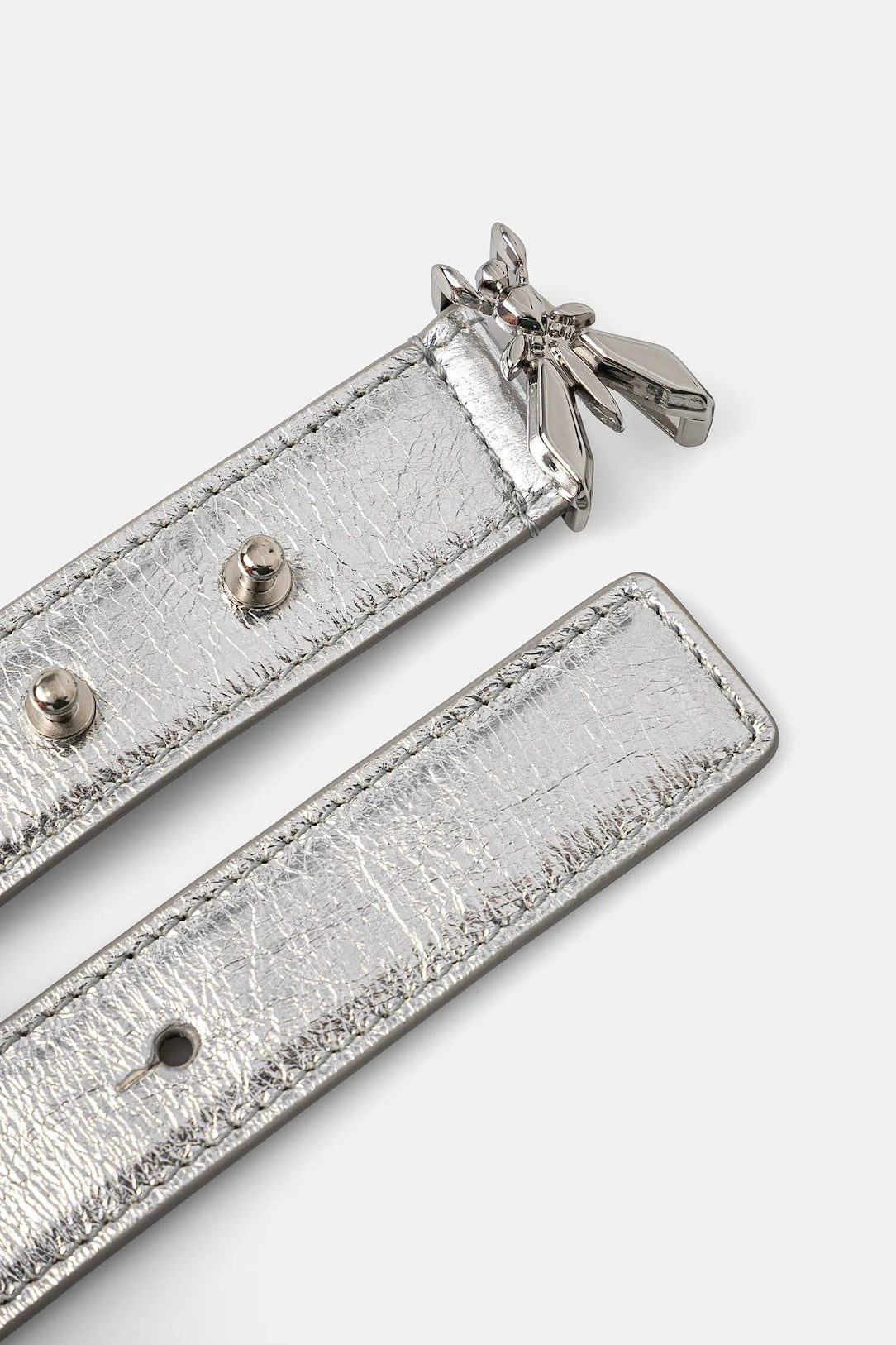 Silver leather belt with small fly